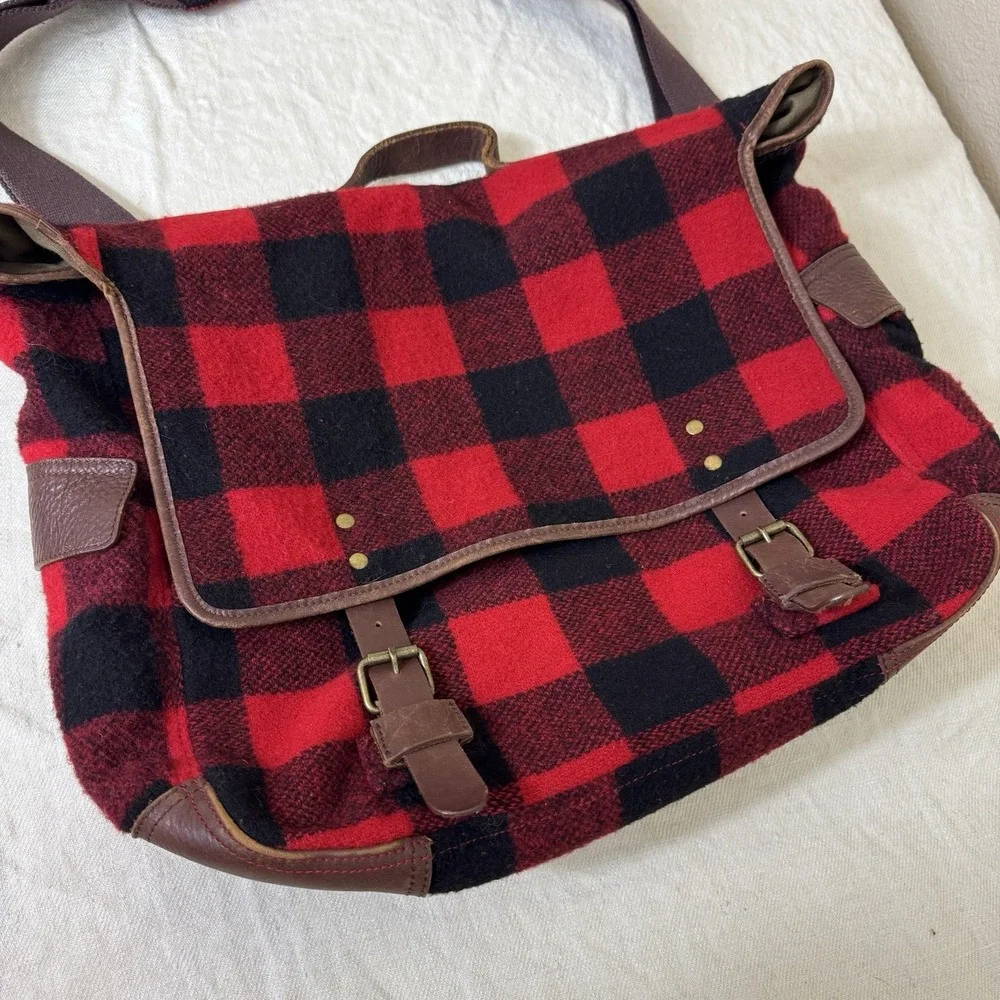 J. Crew Wool Blend Plaid Messenger Bag Red Black Buffalo Plaid Preppy Academia